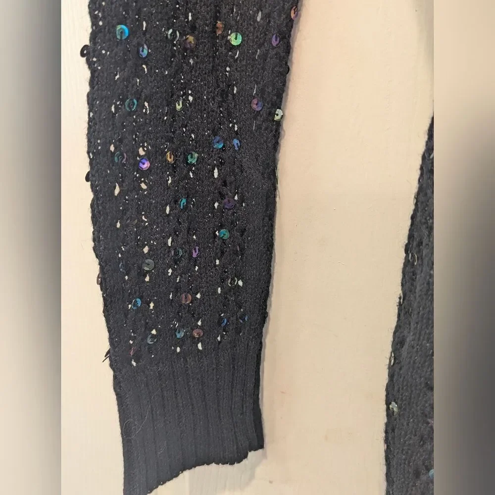 New Black Long Cable Knit Button Belted Cardigan Sweater Sequins Crochet Size M